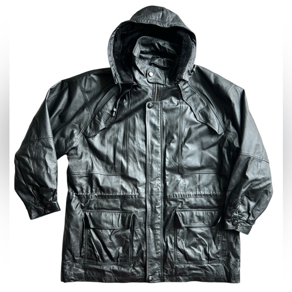 Men's cinch waist black genuine Leather removable hoodie Jacket Sz XXL